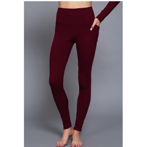 875 • Burgundy Mock Neck Ruched Long Sleeve High Waist Pocket Pants 2 Piece Set - Picture 5 of 9